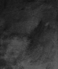 Black background. Watercolor monochrome background. Watercolour deep black overlay. Aquarelle stains on textured paper. Calm dark wallpaper. Old wall. Modern abstract art. Gloomy background for cards.