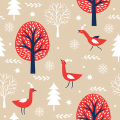 seamless christmas pattern with birds in hats  on a  beige background