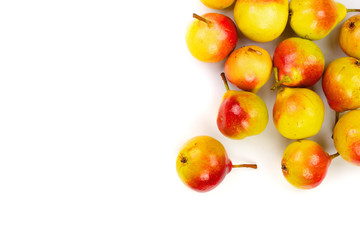 ripe red yellow pear fruits isolated on white background with copy space for your text. Top view. Flat lay pattern