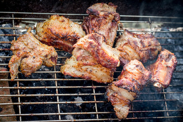 Cooking meat on barbecue while on vacation in the nature_