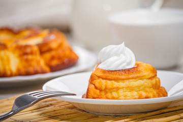 Cheese curd dish for breakfast - sweet cottage cheese pancakes, syrniki, curd fritters, selective focus