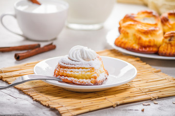 Cheese curd dish for breakfast - sweet cottage cheese pancakes, syrniki, curd fritters, selective focus