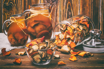 Rural still-life - compote with dried fruits from apples and pears close-up, selective focus