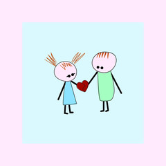 Cute girl and boy with heart. Little kids couple