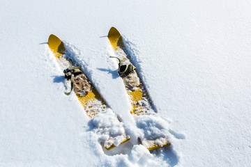 Pair of old fashioned wooden yellow skis on white snow