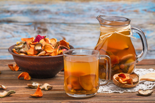 Rural still-life - compote with dried fruits from apples and pears close-up, selective focus