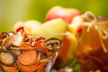 Rural still-life - compote with dried fruits from apples and pears close-up, selective focus