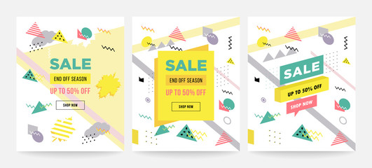 Memphis style sale cards Design Collection of Colorful templates with geometric shapes, patterns with trendy Memphis fashion 80s-90s. Perfect for ad, invitation, presentation.