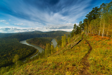 Fototapeta na wymiar Autumn river landscape top view Mansky loop Krasnoyarsk, Russia.
