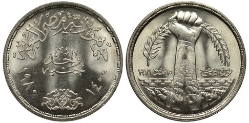 Egypt, Egyptian silver coin 1 one pound 1980, country name and value in Arabic, Subject Sadat’s corrective revolution, large hand formed of smaller hands holding branch, chain behind, 