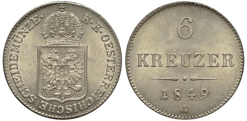 Austria Austrian Austro-Hungarian Empire silver coin 6 six kreuzer 1849, crowned shield with eagle...