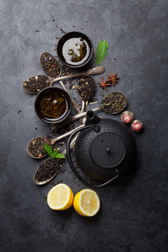 Various tea and teapot. Black, green and red tea