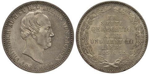 Germany German Saxony silver coin 1/3 one third of a thaler 1854,  Subject Death of King Friedrich August II, head right, date below, religious quote flanked by juniper branches, 