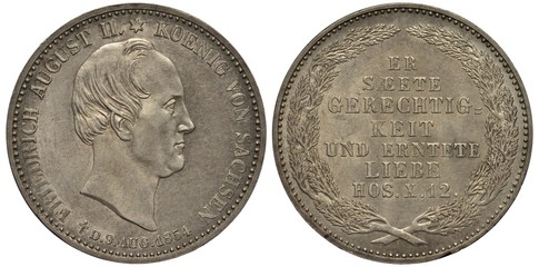 Germany German Saxony silver coin 1/3 one third of a thaler 1854,  Subject Death of King Friedrich...