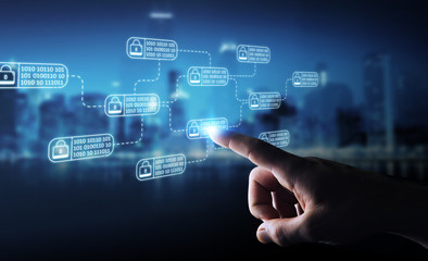 Businessman protecting his datas with thin line security interface