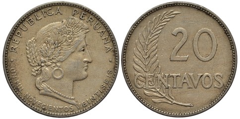 Peru Peruvian coin 20 twenty centavos 1926, female head decorated with leaves, flowers and grain...