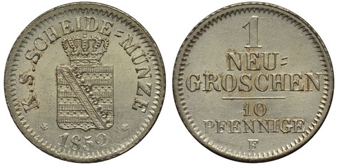 Germany German Saxony silver coin 1 one new groschen or 10 ten pfennige, 1852, crowned shield with stripes and ribbon, date below, new and old value, 