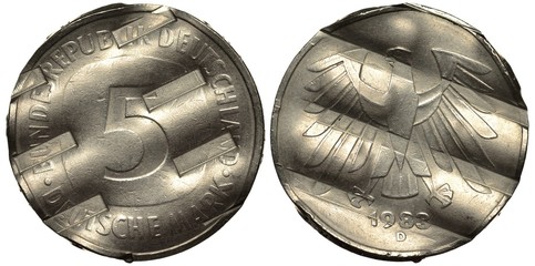 Germany German coin 5 five mark 1983, removed from circulation and defaced, value and country name,...