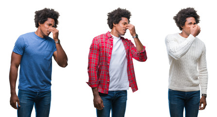 Collage of african american young handsome man over isolated background smelling something stinky and disgusting, intolerable smell, holding breath with fingers on nose. Bad smells concept.