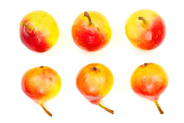 ripe red yellow pear fruits isolated on white background. Top view. Flat lay pattern. Set or collection