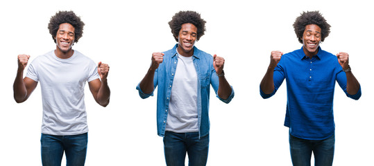 Collage of african american young shirtless man and business man over isolated background excited for success with arms raised celebrating victory smiling. Winner concept.