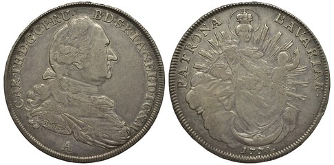 Germany German Bavaria Bavarian silver coin 1 one thaler 1778, draped bust of ruler Karl Theodor, seated Madonna with Child, upturned crescent moon and clouds below, rays around behind, date,