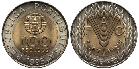 Portugal Portuguese bimetallic coin 100 one hundred escudo 1995, arms above value in central circle, Subject 50th Anniversary of F.A.O., emblem surrounded by grain stalks, date below,