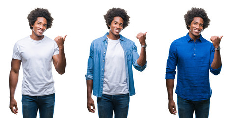 Obraz premium Collage of african american young shirtless man and business man over isolated background smiling with happy face looking and pointing to the side with thumb up.
