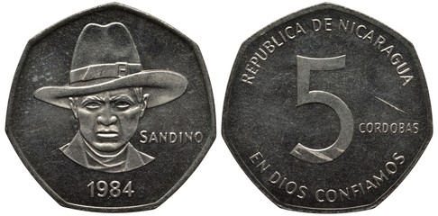 Nicaragua Nicaraguan coin 5 five cordoba 1984, Sandino in hat facing, date below, value and mottos,
