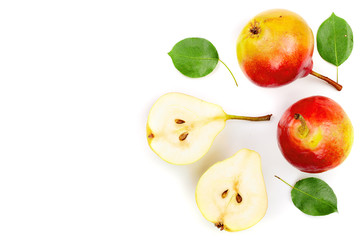 ripe red yellow pear fruits with leaf isolated on white background with copy space for your text. Top view. Flat lay pattern
