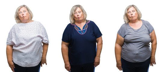Obraz premium Collage of senior fat woman over isolated background making fish face with lips, crazy and comical gesture. Funny expression.