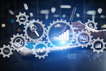 Big data analytics. BI business intelligence concept with chart and graph icons on virtual screen.