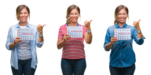 Collage of middle age hispanic woman holding menstruation calendar over isolated background happy with big smile doing ok sign, thumb up with fingers, excellent sign