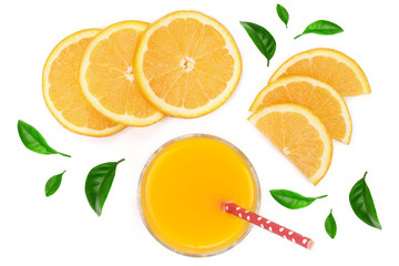 orange juice glass with slices of citrus and green leaves isolated on white background, top view. Flat lay pattern