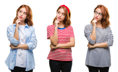 Obraz premium Collage of young beautiful redhead woman over isolated background with hand on chin thinking about question, pensive expression. Smiling with thoughtful face. Doubt concept.