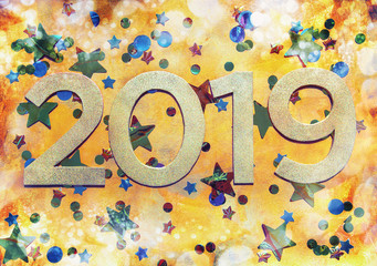  2019 design on gold textured background with foil stars