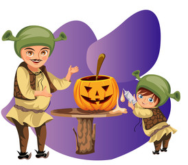 Dad with son making Halloween pumpkin poster. Cartoon father with little sonny dressed shrek costumes and carving mystery gourd vector illustration. Family horror party concept.