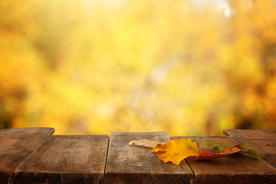 image of front rustic wood table with dry gold leaves and fall bokeh background.