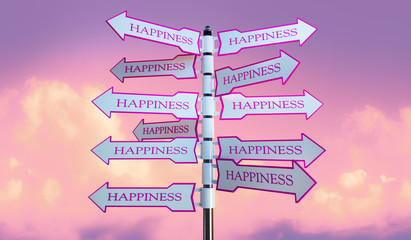 Konzept Happiness - Wegweiser vor Himmel
