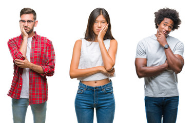 Collage of group of Chinese, african american, hispanic people over isolated background thinking looking tired and bored with depression problems with crossed arms.