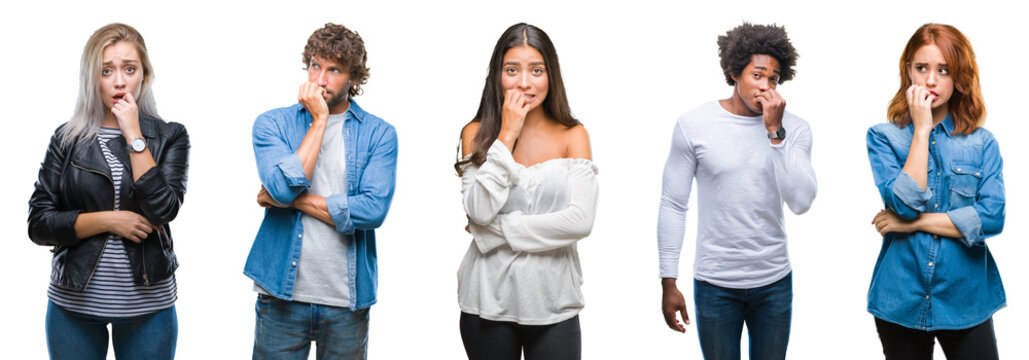 Collage of group of arab, indian, african american people over isolated background looking stressed and nervous with hands on mouth biting nails. Anxiety problem.