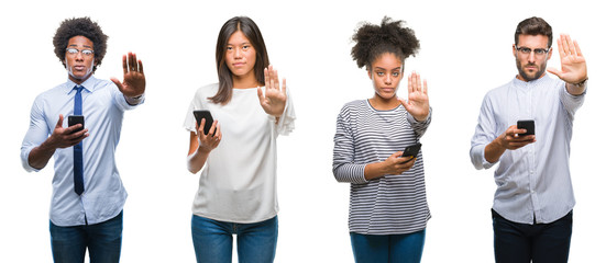 Collage of people texting sending message using smartphone over isolated background with open hand doing stop sign with serious and confident expression, defense gesture