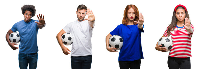 Collage of people holding football soccer ball over isolated background with open hand doing stop sign with serious and confident expression, defense gesture