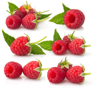 Set of ripe red raspberries isolated on white
