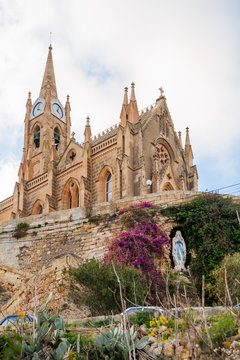 Church to Our Lady of Lourdes on hill. Gozo island, Malta.