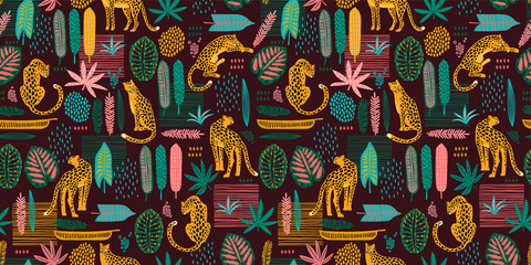 Vestor seamless pattern with leopards and abstract tropical leaves. © Nadia Grapes