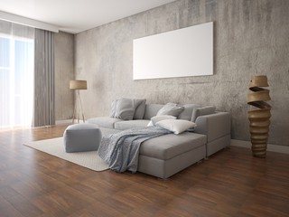 Mock up a modern living room with a large gray corner sofa and a stylish hipster background.