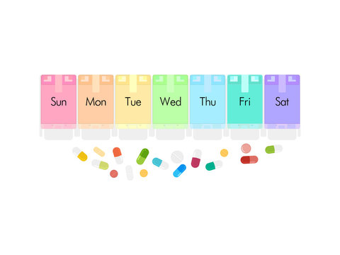 Pills and capsules in pill organizer.