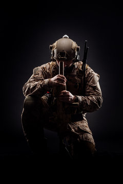 Special forces United States soldier or private military contractor. Image on a black background.