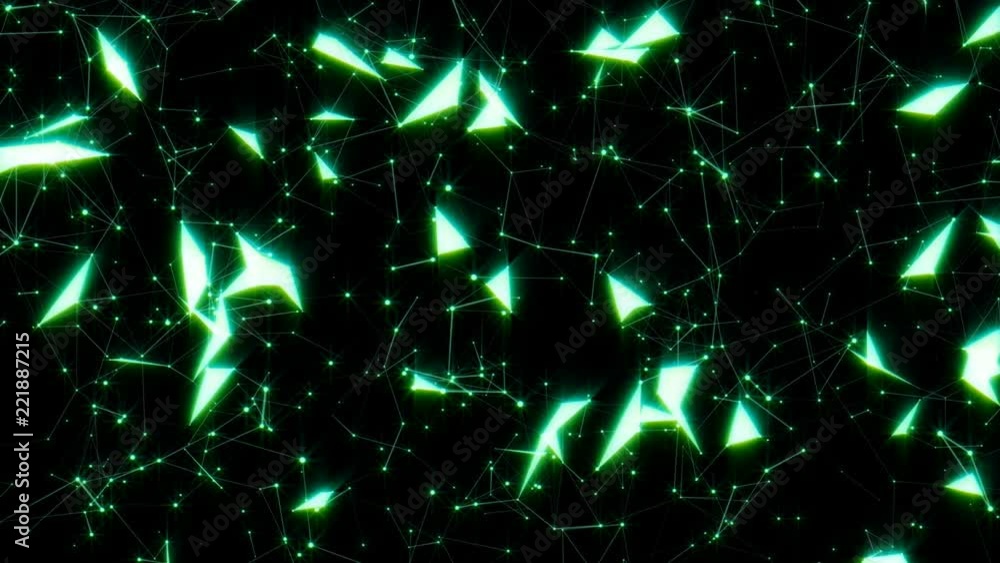 Poster green radiance.computer graphics of moving particles. animated background. seamless loop.animation o